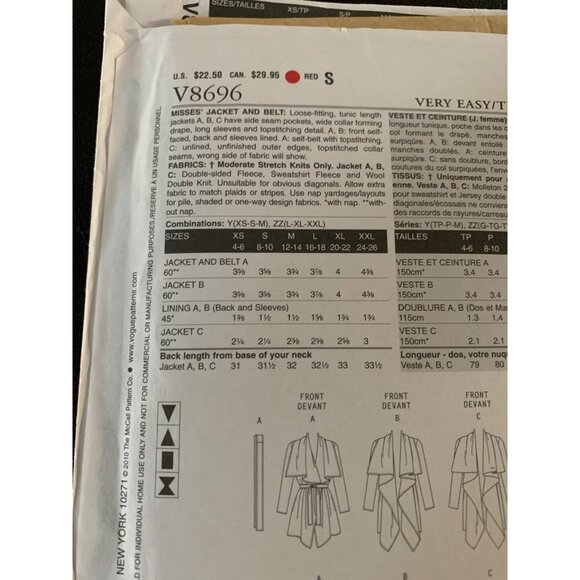 Vogue Misses Jacket Sewing Pattern V8696 Sz Xsm to Med - Uncut - Picture 7 of 8